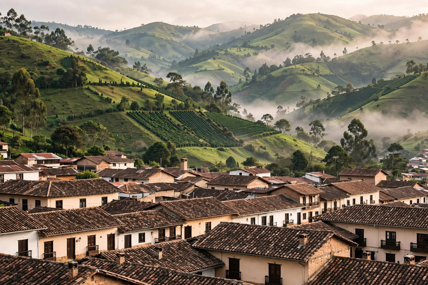 Green hills above town rooftops
