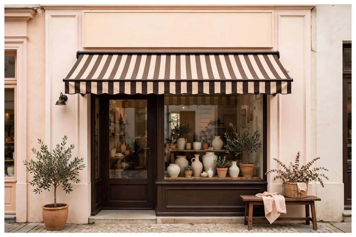 A pastel shop façade with a blank sign