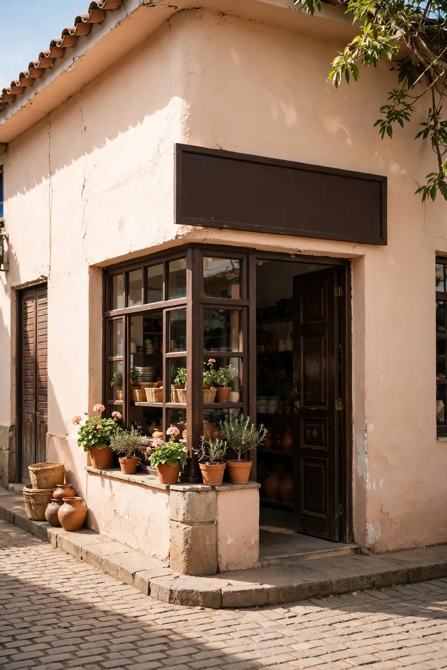 A corner shop with a blank sign board