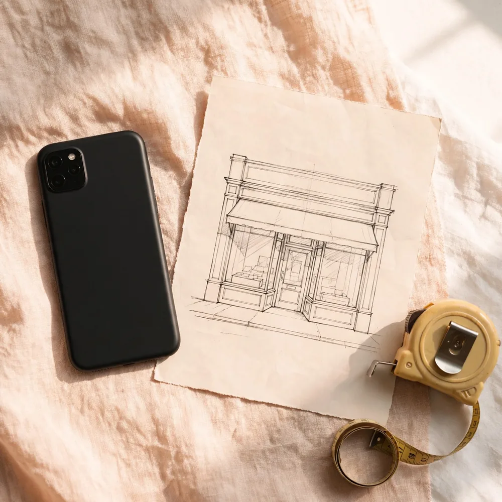A phone beside a shopfront drawing