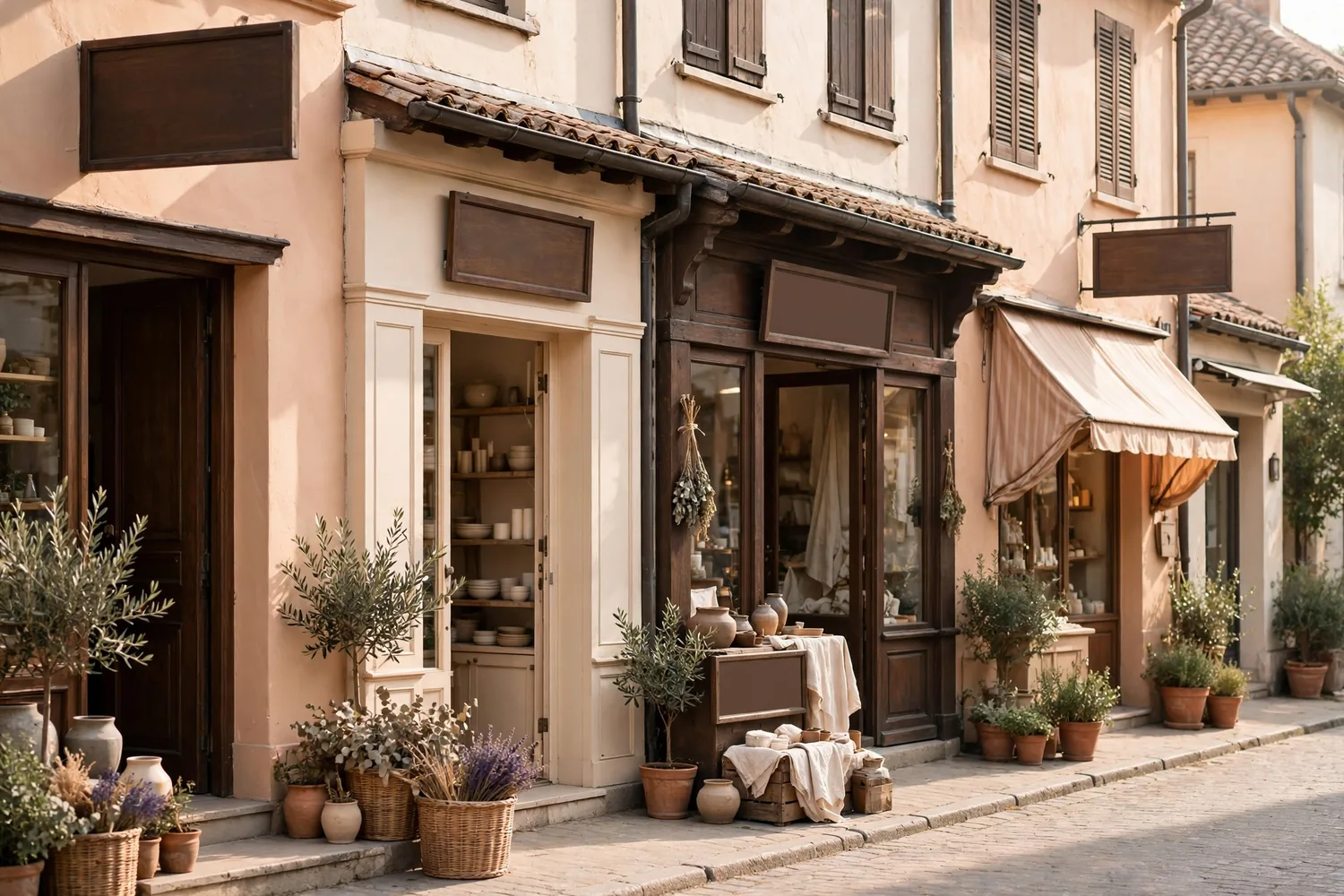 A street of small shops with blank signs